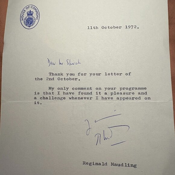 1972 Reginald Maudling Signed Autograph TLS Letter – UK MP & Chancellor – Oct 11 - Picture 1 of 1